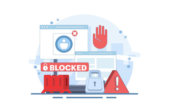 blocked user account concept, shocked and anxious about blocked user account. help user to unblock account. Security from cybercrime activities, hacker attacks, censorship or ransomware. flat design.