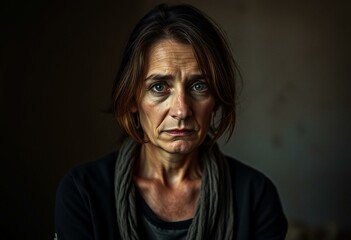 Fototapeta premium Photorealistic portrait of a poor female in a dimly lit room