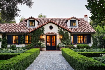 Charming countryside house surrounded by lush greenery and vibrant flowers in a sunny setting showcases inviting architecture with warm lights glowing through windows