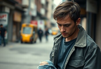 Fototapeta premium Male portrait with worn clothing, looking down