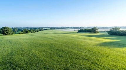 Obraz premium Serene sunrise over vast green field, misty horizon. Ideal for nature, travel imagery