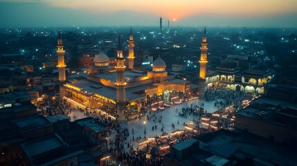 Fototapeta premium Evening view of a bustling mosque with illuminated minarets and crowds gathered at sunset