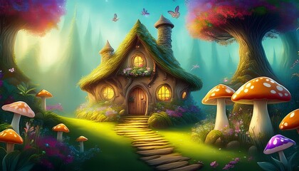 Fototapeta premium digital illustration magic elven house with fairy tale mushrooms and flowers fairyland wallpaper printable beautiful painting generative ai