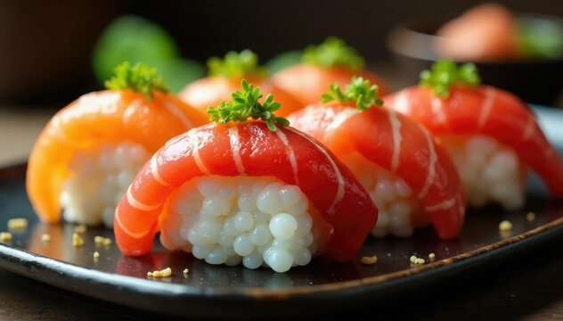 Un estante lleno de sushi de colores arcoiris, creando un efecto visual atractivo, comida, presentaci?n