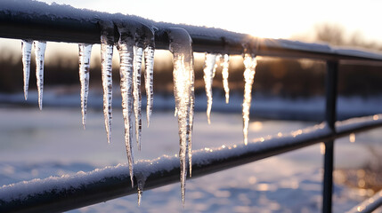 Icicles hanging from a metal fence with a blurred snowy landscape in the background and soft natural light