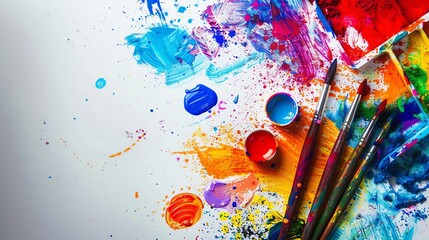 Colorful art supplies and vibrant paint splatters.