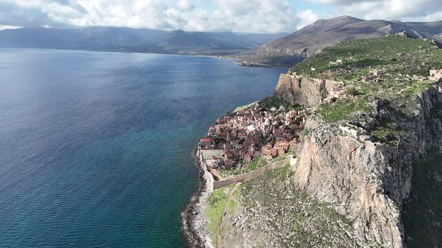 Aerial view of the Monemvasia peninsula in Greece. A medieval fortress in Lakonia, Peloponnesse.