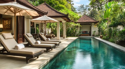 Fototapeta premium Elegant private villa terrace featuring stylish sun loungers, a cozy umbrella, and a crystal-clear pool. Dream summer escape