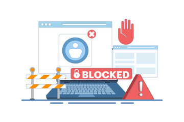 blocked user account concept, shocked and anxious about blocked user account. help user to unblock account. Security from cybercrime activities, hacker attacks, censorship or ransomware. flat design.