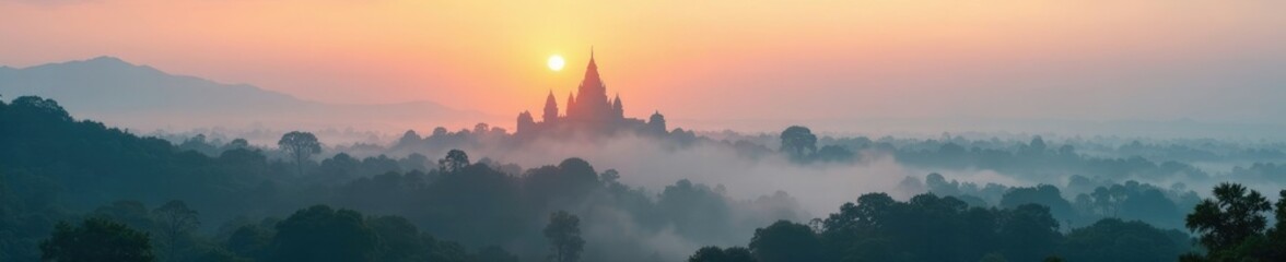 A misty morning scene of the temple in the distance, serene environment, landscape photography, temple in distance