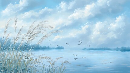 Fototapeta premium A peaceful lakeshore with reeds swaying in the breeze and the distant sound of waterfowl