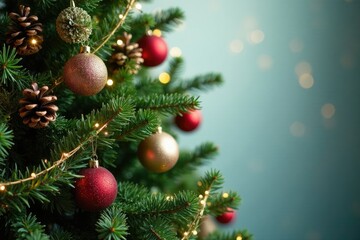 Obraz premium decorated evergreen tree with festive garland and pinecones, Decorations, Pinecones, Seasonal