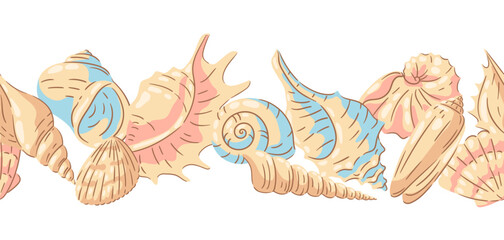 Seamless pattern with seashells. Tropical underwater mollusk shells illustration.