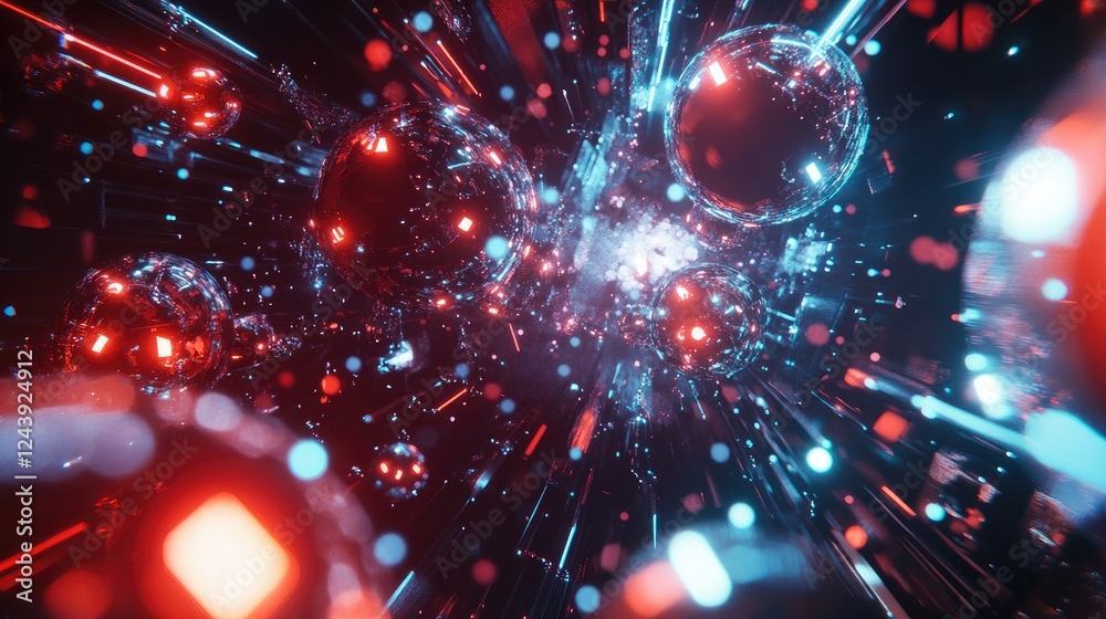 Poster futuristic network visualization with interconnected digital nodes and orbs