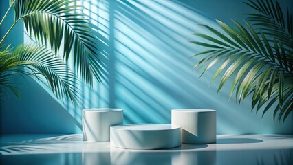 Serene Teal Background with Cylindrical Displays and Lush Tropical Foliage