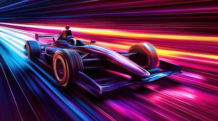 Fototapeta premium Neon Nights: A Formula Race Car Blazing Through a Vibrant Lightspeed Tunnel