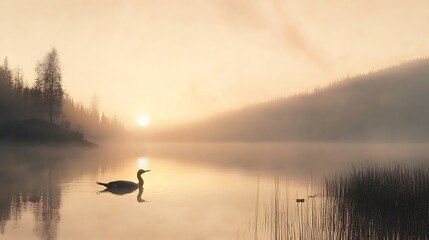 peaceful lakeside at sunset with soft light reflecting off the water and the sound of loons calling