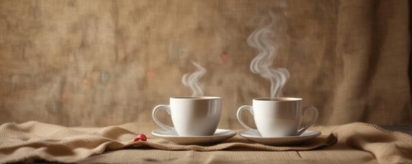 Fototapeta premium Heart-shaped coffee smoke rising from a cup on a vintage burlap sack , relaxation, vintage, heart