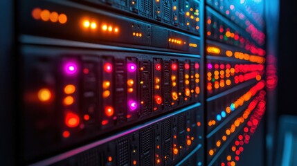 Close-up view of illuminated server racks showcasing data processing in a tech environment