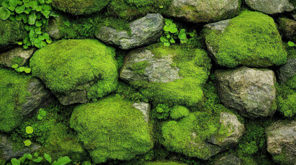 Lush green moss blankets grey stones.