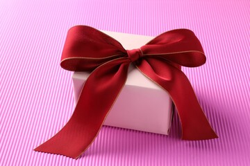 Gift box with beautiful bow on pink background