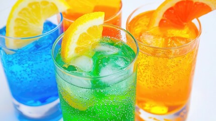 Colorful and refreshing beverages served in glasses, featuring vibrant hues and garnished with citrus slices.