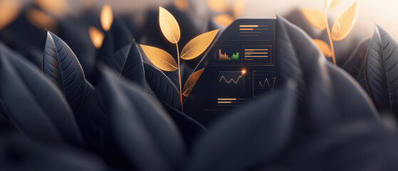 Eco-Friendly Investments and Development in Financial Graph with Leaves. Digital elements emerging from dark foliage with glowing golden leaves, symbolizing growth and technology.