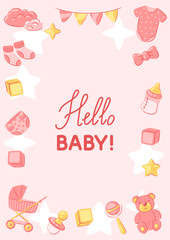Baby shower frame. New born baby girl Happy Birthday.