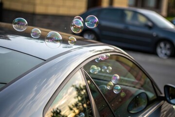 Naklejka premium High-tech soap bubbles on a car's surface, foam washing system, automotive care products, car washing machines, automotive detailing tools