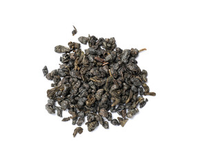 Pile of dry tea leaves isolated on white, top view