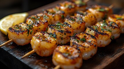 Grilled Shrimp Skewers Lemon Garnish Delicious Food,