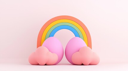 Colorful rainbow with soft pink clouds creates a whimsical atmosphere, perfect for children's decor and playful designs.