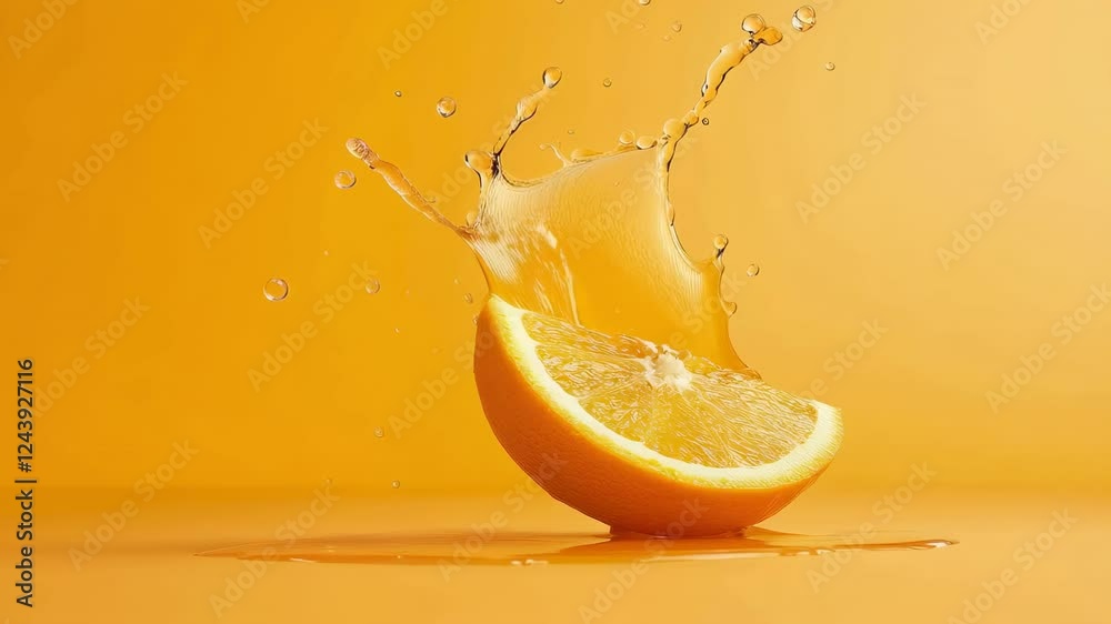 Aufkleber Ripe orange slice dramatically splashing with vibrant juice droplets, creating dynamic visual energy against minimalist yellow background, emphasizing fresh citrus movement