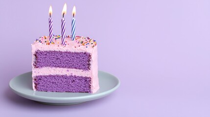 Delicious purple birthday cake slice with candles, perfect for celebrations and gatherings, adding joy and sweetness to any occasion.
