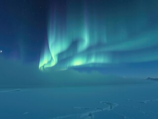 Icy mist swirls above frozen tundra as vibrant aurora borealis dances across the night sky, ethereal glow, winter wonderland