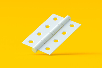 Falling door hinge on orange background. Construction hardware. 3d render