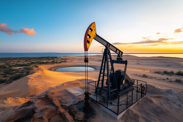 Landscape view of land oil rig in desert with sun set view, Aerial view of oil refinery industrial factory.
