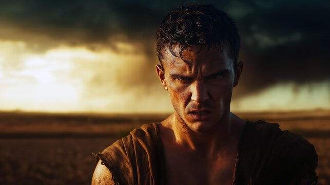 Portrait of Cain with angry and brooding expression background of barren field under darkening sky
