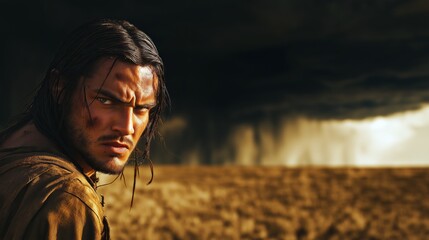 Portrait of Cain with angry and brooding expression background of barren field under darkening sky
