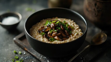 Oatmeal cooked in chicken broth, generously topped with sautéed mushrooms and green onions. A gourmet twist on classic oatmeal, packed with umami flavors, protein, and wholesome nutrition.