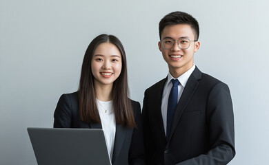 Obraz premium professional Chinese businesswoman and businessman in formal black suits, standing side by side, smiling confidently while working on a laptop in front of white background.