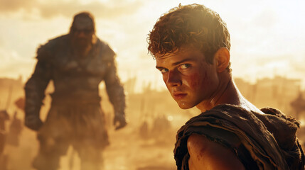 Portrait of David in battlefield with towering Goliath under bright midday sun