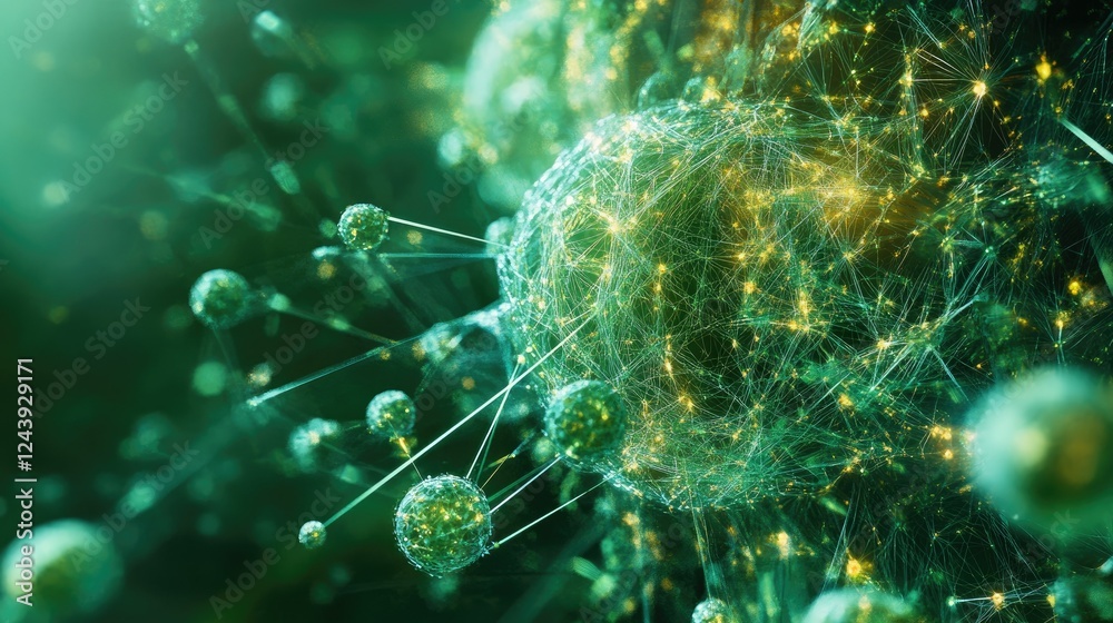 Poster high-tech network visualization with floating particles, futuristic digital interface