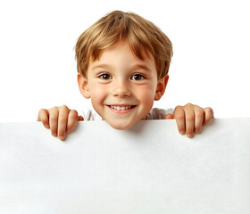 Happy child peeking over a blank sign, cheerful toddler with a bright smile, perfect for advertising or announcements, cutout, isolated on white background