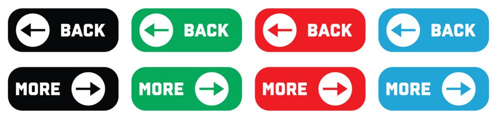 Back and More navigation buttons. Prev, next. Web page button for move to the next and previous item. Web buttons with arrow for web site and user interface. Vector illustration.