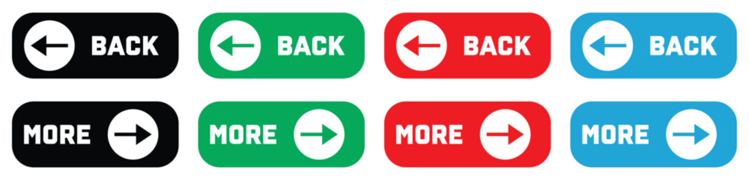 Back and More navigation buttons. Prev, next. Web page button for move to the next and previous item. Web buttons with arrow for web site and user interface. Vector illustration.