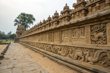 Fototapeta premium Intricate stone carvings on an ancient wall depicting mystical creatures, nature, stone carving, art