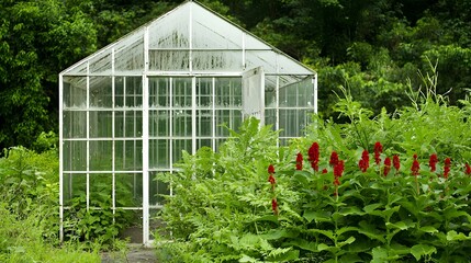 Fototapeta premium Serene Greenhouse Surrounded by Vibrant Red Flowers and Lush Foliage