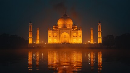 Illuminated Taj Mahal at Night Reflecting in Water