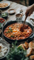 Rustic shakshuka with chickpeas, eggs, and tomato sauce. Dark moody lighting, cast-iron skillet, perfect for Mediterranean food themes. Hearty homemade comfort meal.